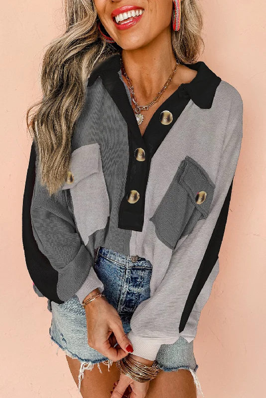 Gray Colorblock Patchwork Ribbed Oversized Henley Sweatshirt