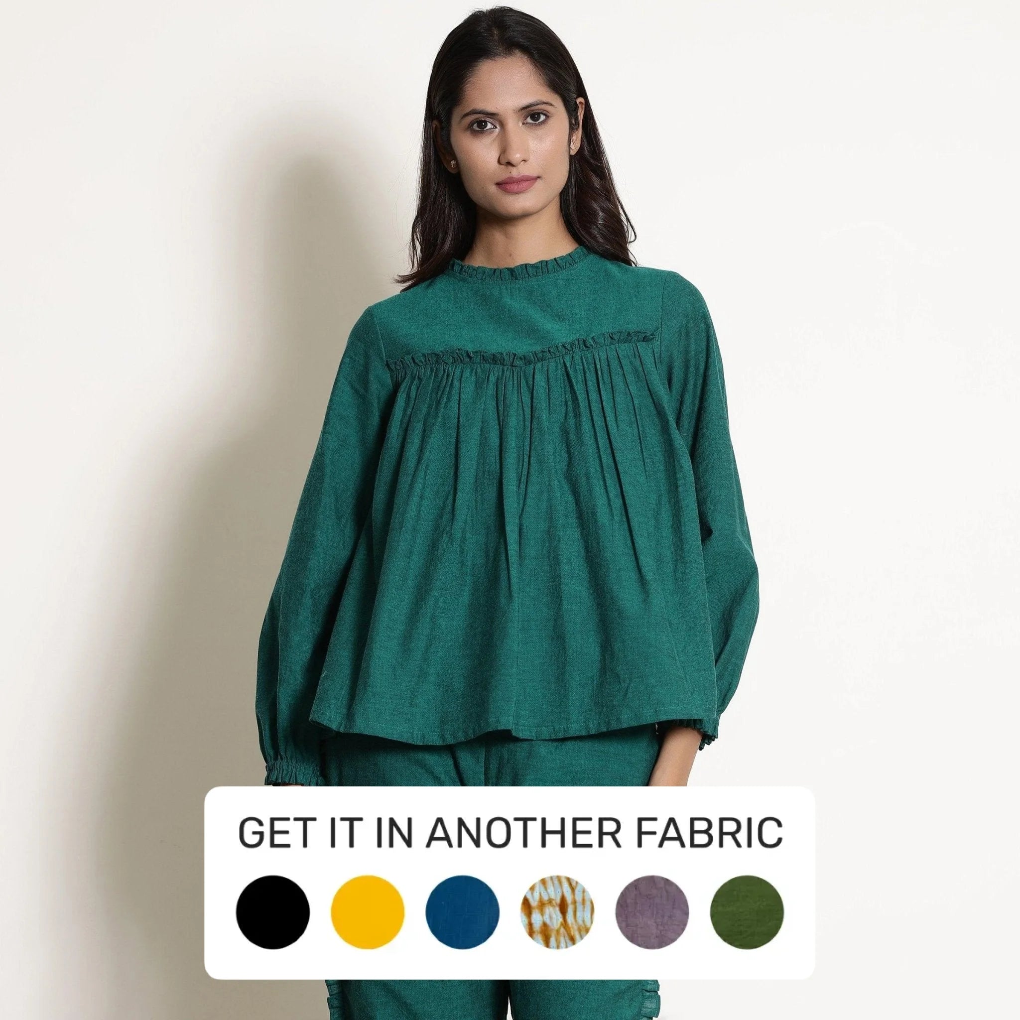 Green Warm Cotton Frilled Gathered Yoke Top