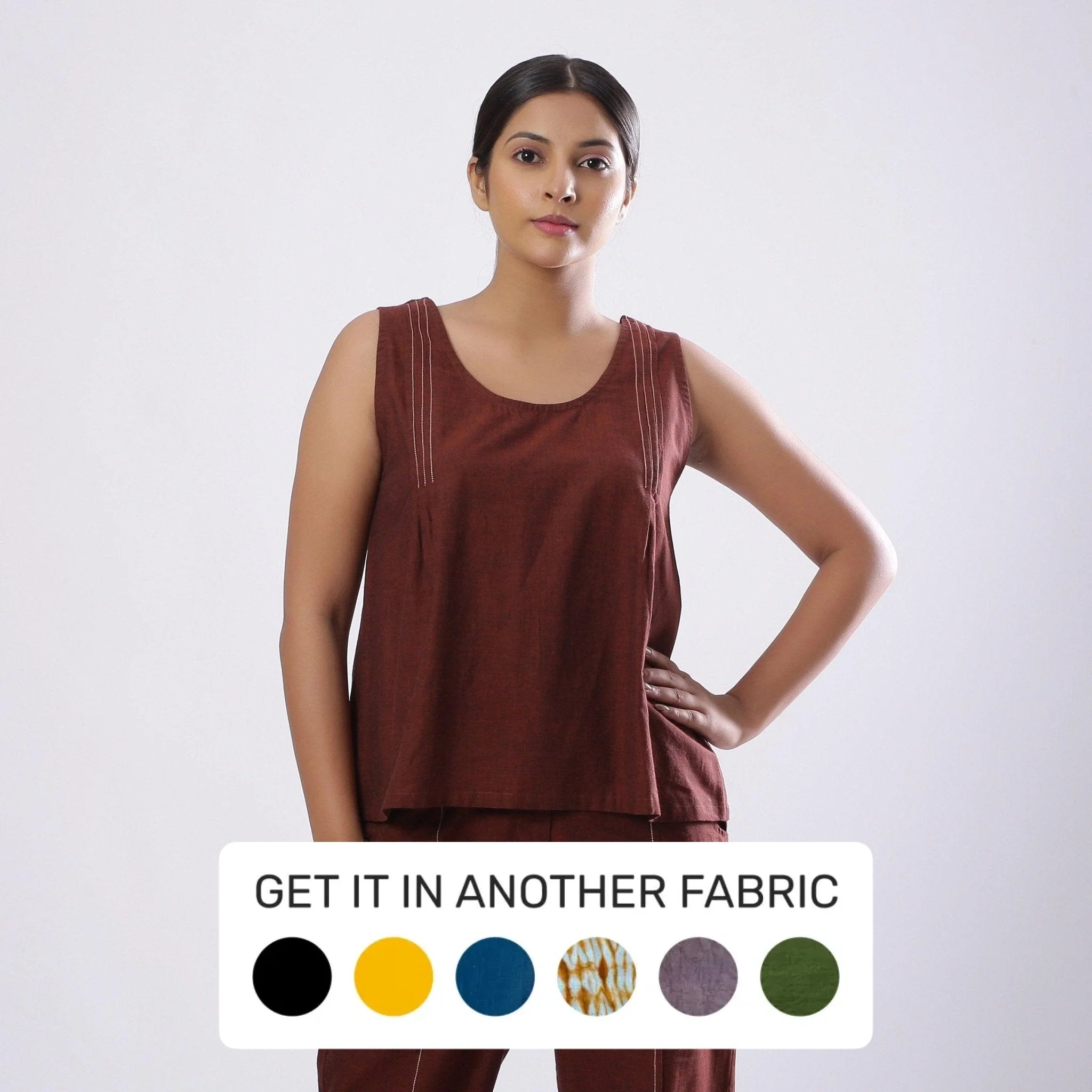 Brown Round Neck Mangalgiri Cotton Sleeveless Top