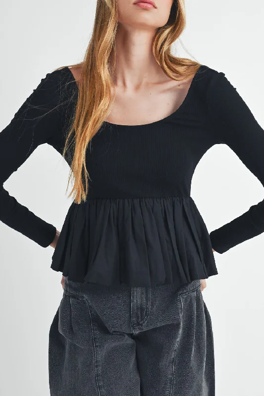 Black Plain Knitted Patchwork Peplum Top