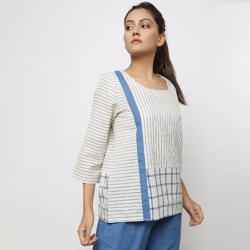 White and Blue Vegetable Dyed Handspun Cotton Paneled Top