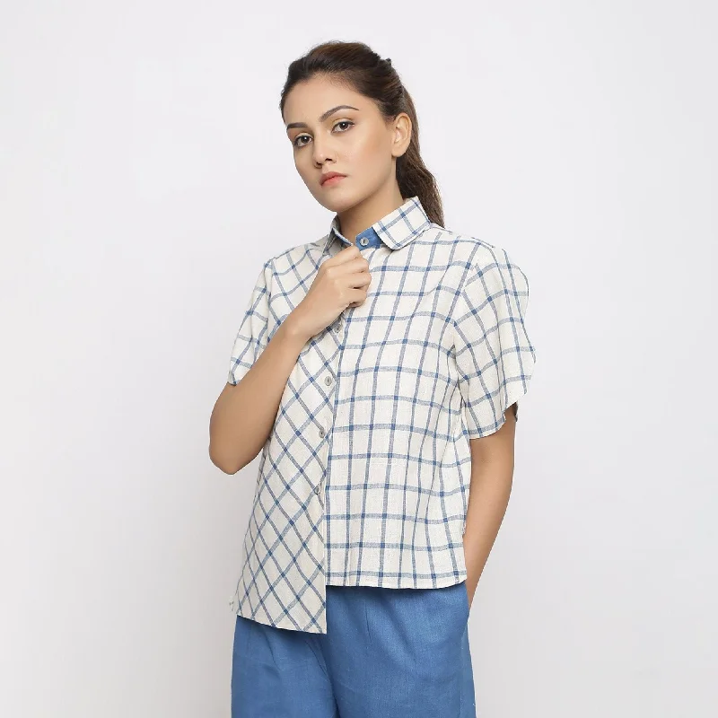 Off-White and Blue Cotton Checkered Peter Pan Collar Shirt