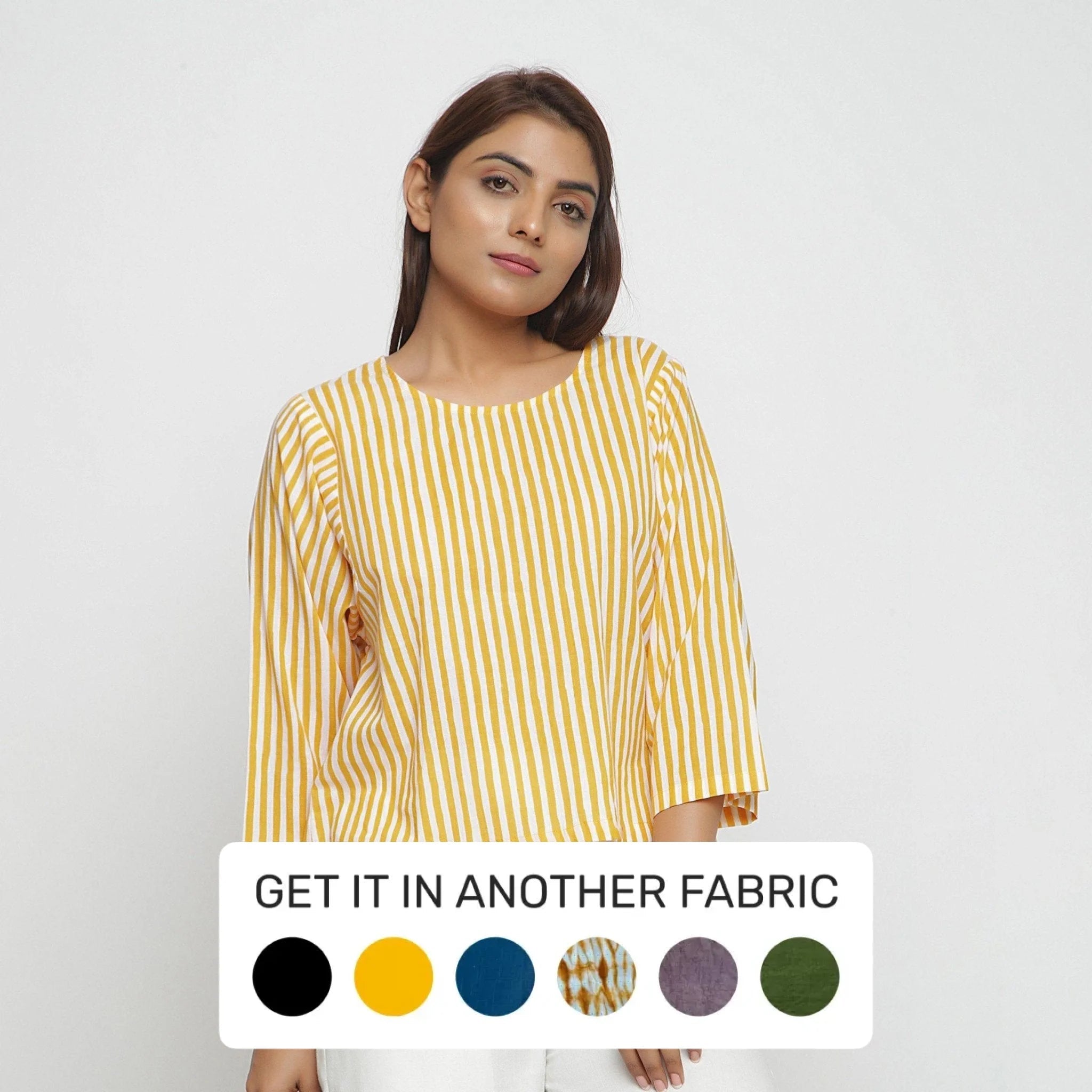 Yellow Striped Hand Screen Printed Cotton Round Neck Top