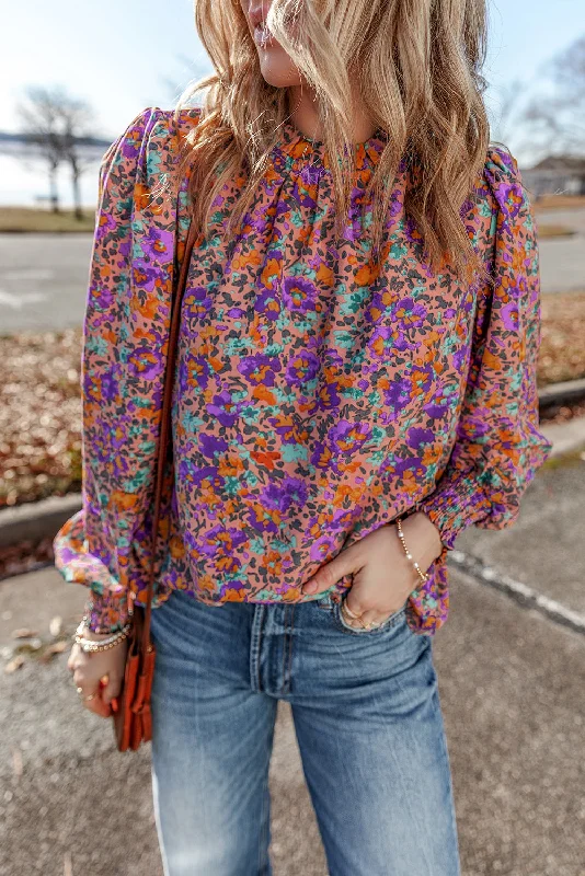 Purple Floral Print Smocked Cuffs Frill Neck Blouse