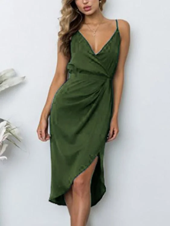 Wholesale Army Green V-Neck Sleeveless Plain Crossed Front Zip Back Backless Wrap Slit Hem Midi Dresses