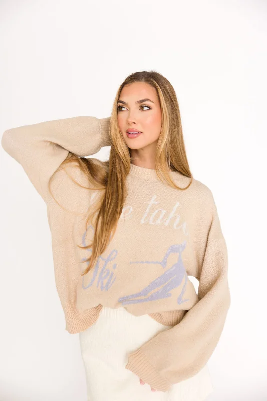 Lake Tahoe Ski Graphic Oversized Sweater in Beige