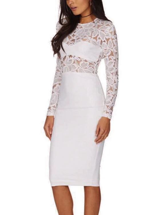 Wholesale White Round Neck Long Sleeve Lace Zip Back Hollow Midi Dress