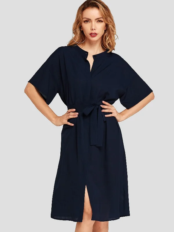 Wholesale Navy Half Sleeve Self-Tie Midi Dresses