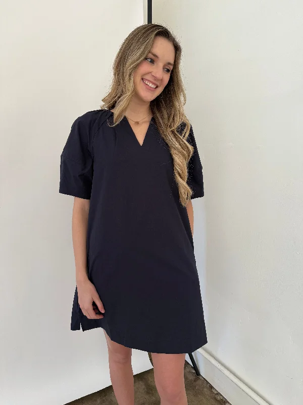 PINCH Scarlett V-Neck Puff Sleeve Mini Dress (Navy)