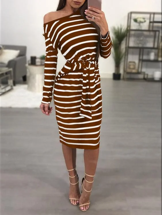 Wholesale Asymmetrical One Shoulder Long Sleeve Stripe Midi Dress