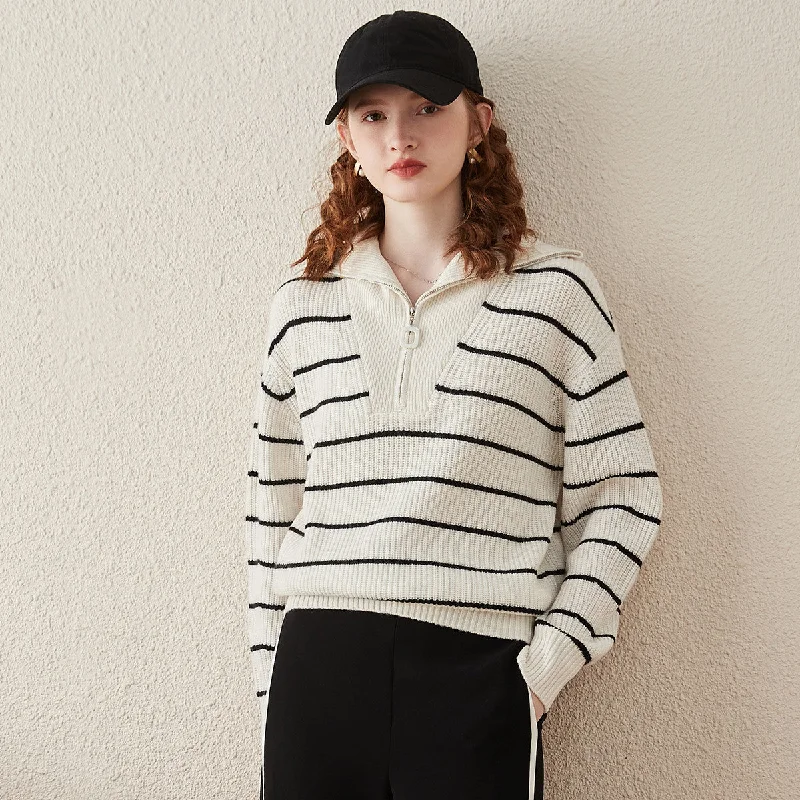 100% Wool Striped Ribbed Half-Zip Sweater