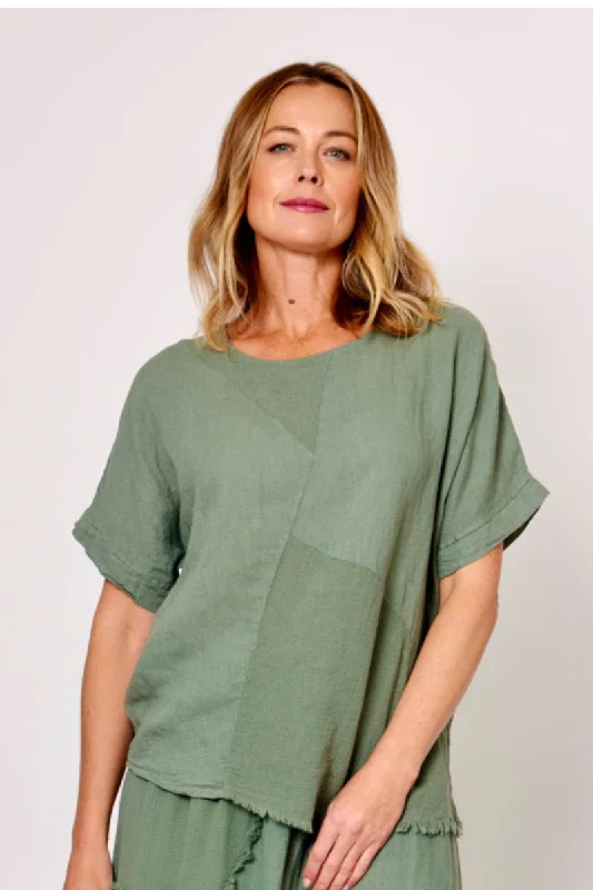 La Strada Italian Linen Top Asymetrical Khaki