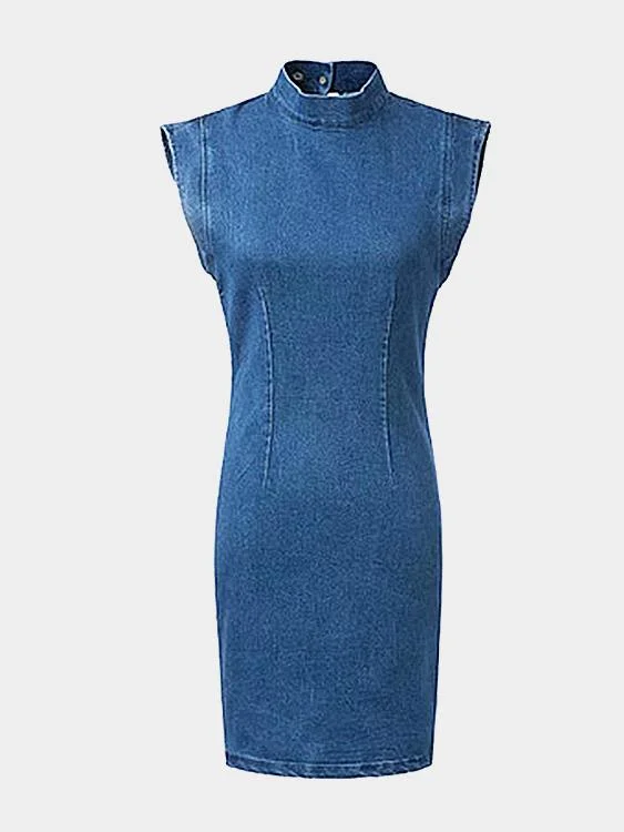 Wholesale Blue Perkins Collar Sleeveless Plain Cut Out Midi Dress