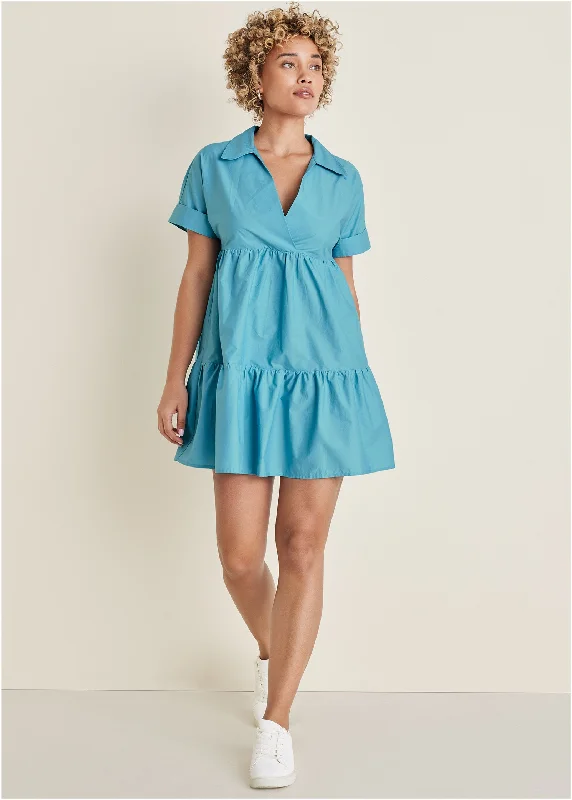 Cotton Poplin Tiered Dress - Blue