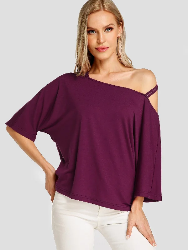 Wholesale Off The Shoulder Plain Backless 3/4 Length Sleeve Purple T-Shirts