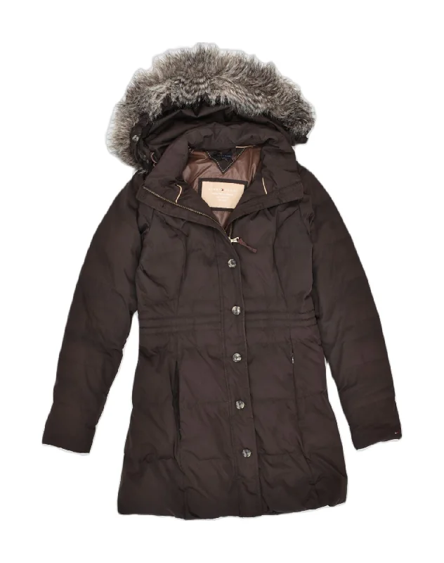 TOMMY HILFIGER Womens Hooded Padded Jacket UK 10 Small Brown Nylon