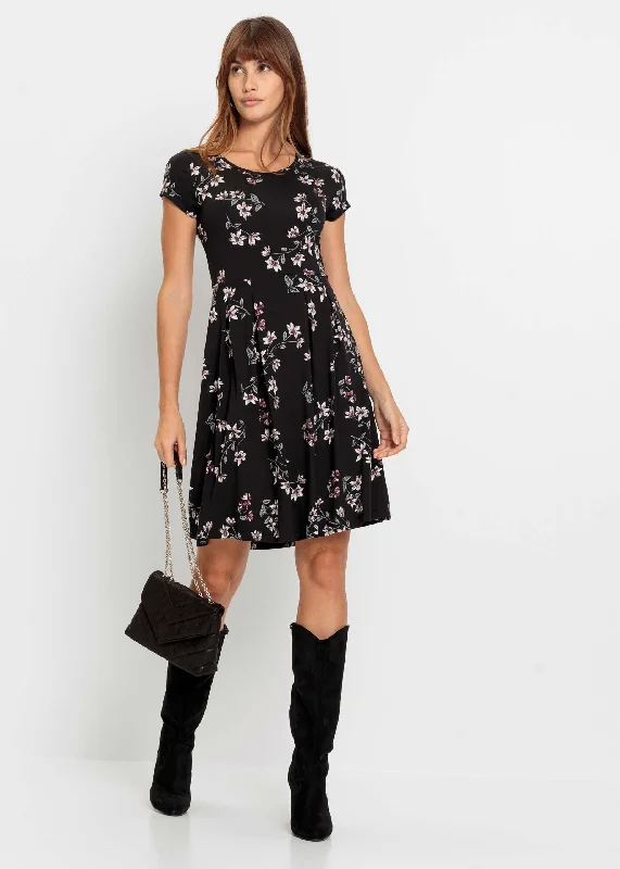 Pleated Mini Dress - Black Floral