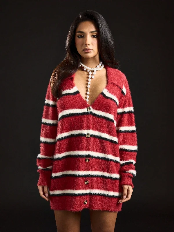 SUMWON WOMEN Oversized Fluffy Knit Cardigan With Stripe Print