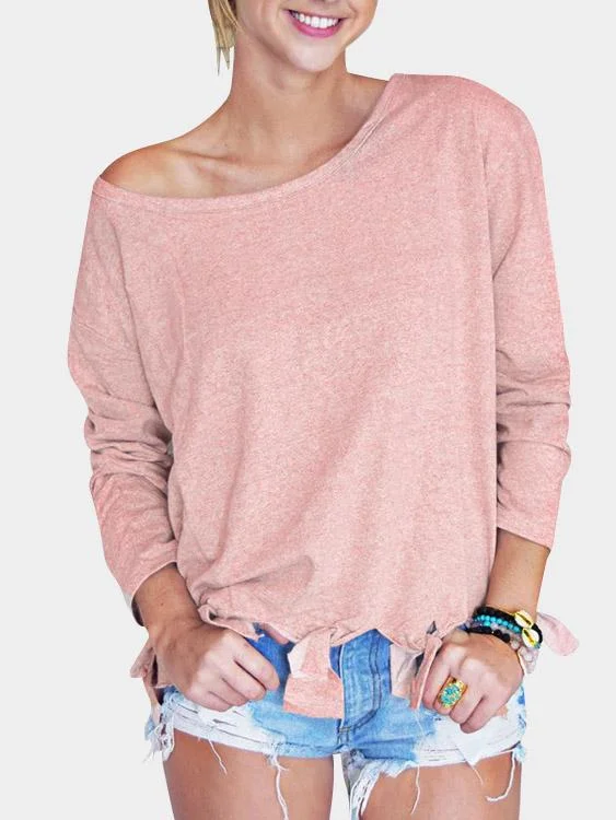 Wholesale Round Neck Plain Long Sleeve Tassel Hem T-Shirts