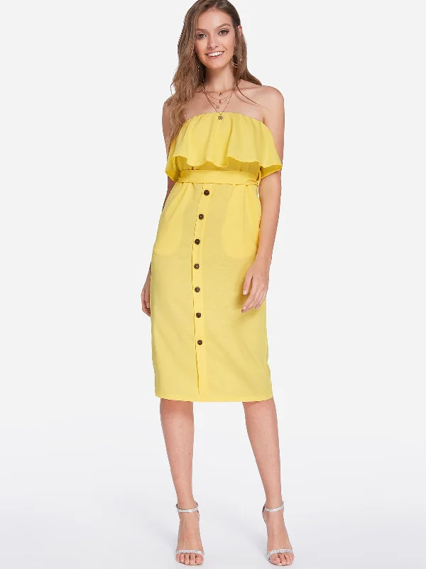 Wholesale Yellow Strapless Sleeveless Self-Tie Midi Dress