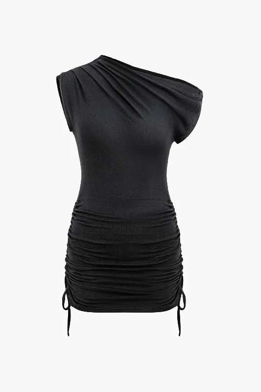 Ruched Asymmetry Neck Tie Knot Mini Dress