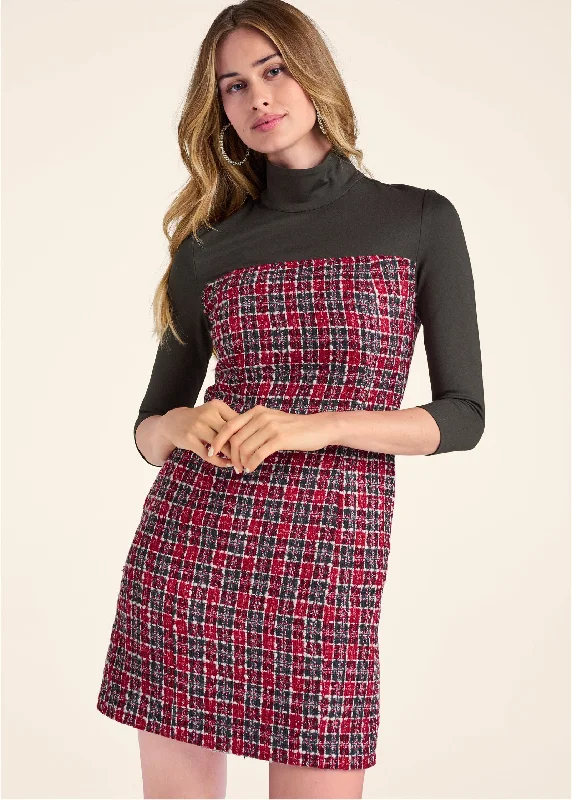 Mock-Neck Plaid Tweed Dress - Red & Black