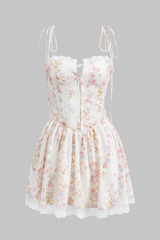 Floral Print Ruched Tie Up Zipper Corset Slip Mini Dress