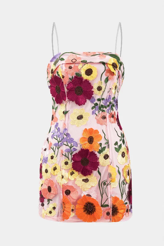 3D Floral Embroidery Zipper Slip Mini Dress