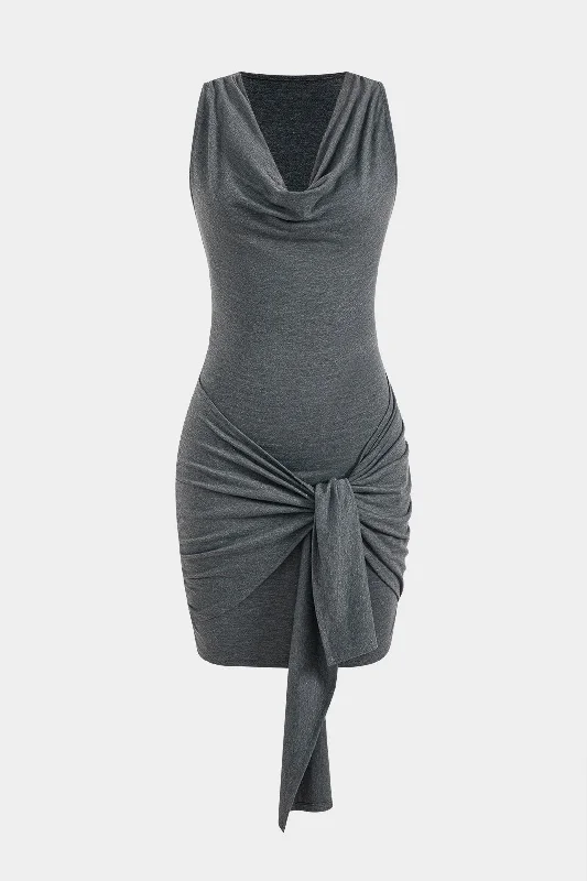 Ruched Tie Front Draped Cowl Neck Sleeveless Mini Dress