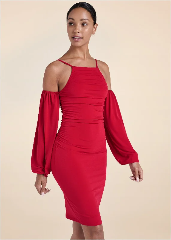 Cold-Shoulder Ruched Dress - Red