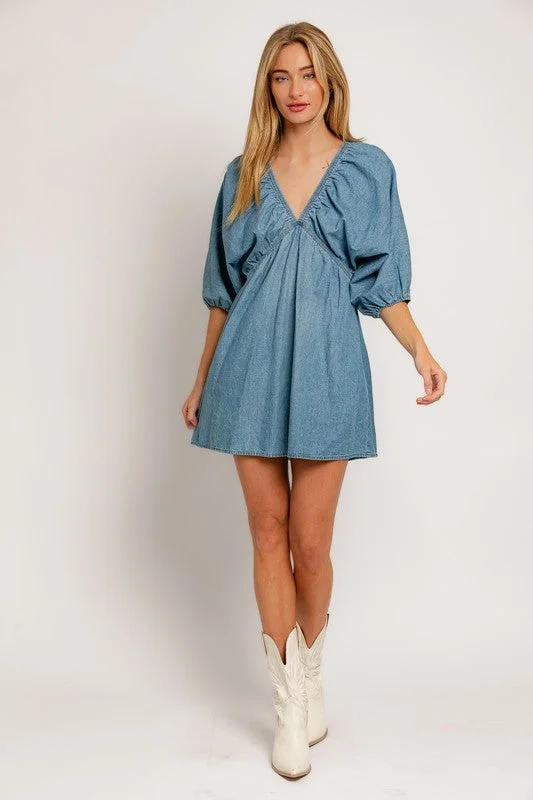 Adorable In Denim Balloon Sleeve Mini Dress - Final Sale