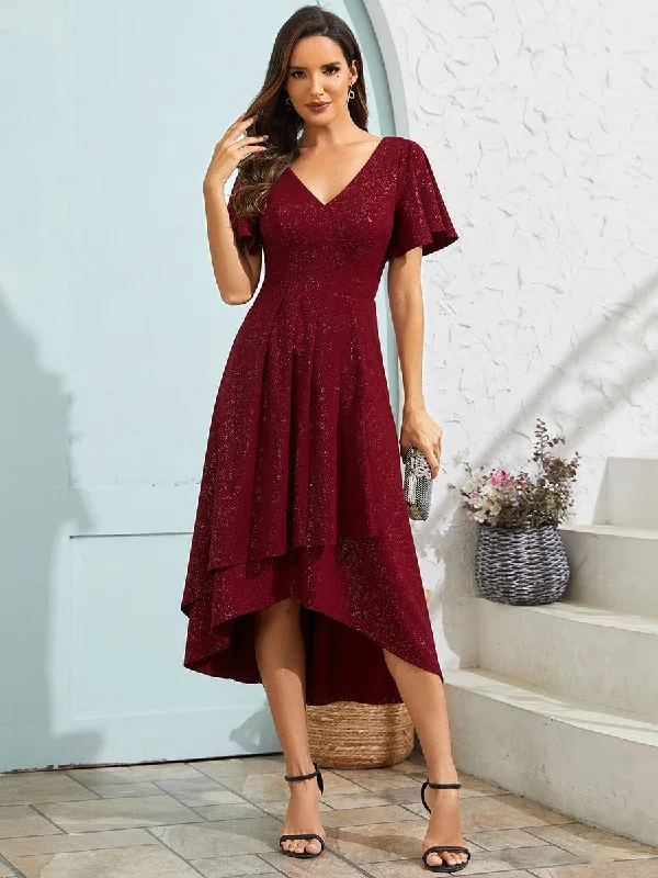 Glow Lana | Sparkling V-Neck High-Low Wedding Guest Dress with Ruffled Sleeves