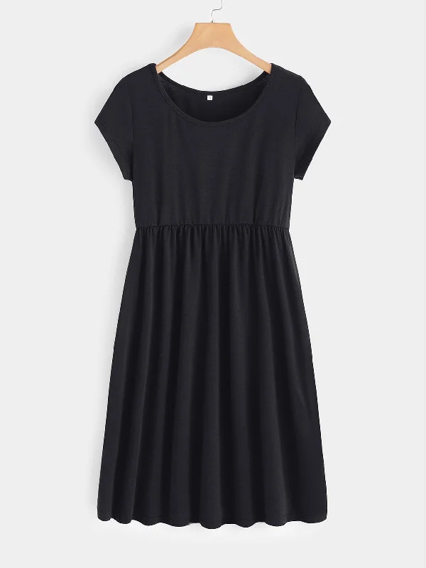 Wholesale Round Neck Plain Short Sleeve Midi Dress