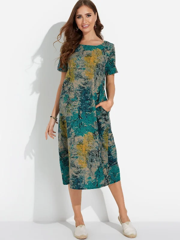 Wholesale Blue Round Neck Short Sleeve Floral Print Midi Dress