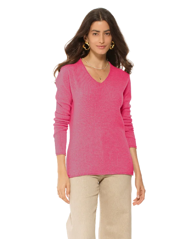 Women's Ultra-Light Cashmere V-Neck Sweater Fuchsia by Monticelli Cashmere