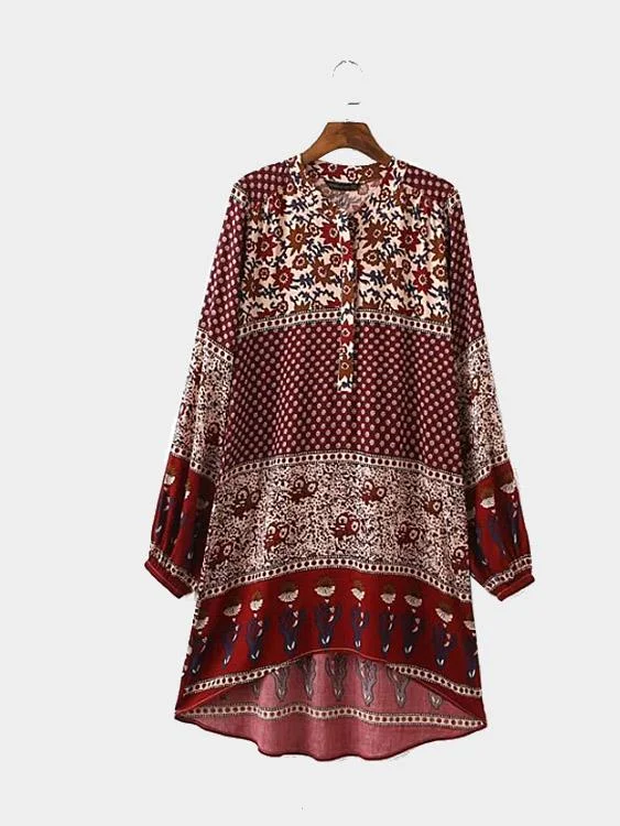 Wholesale Crew Neck Long Sleeve Tribal Print Irregular Hem Midi Dress