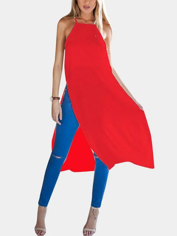 Wholesale Red Sleeveless Slit Hem Midi Dress