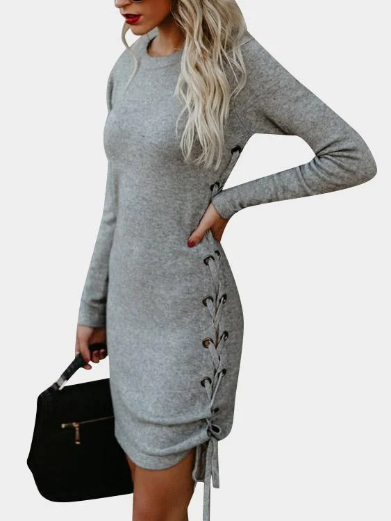 Wholesale Grey Crew Neck Long Sleeve Plain Lace-Up Midi Dress