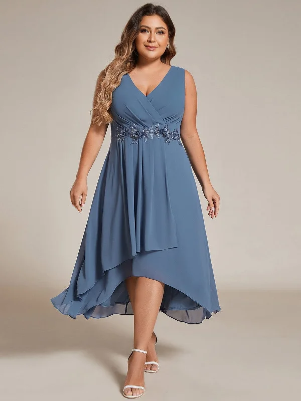 Elise | Sleeveless V-Neck High Low Plus Size Wedding Guest Dress with Floral Applique