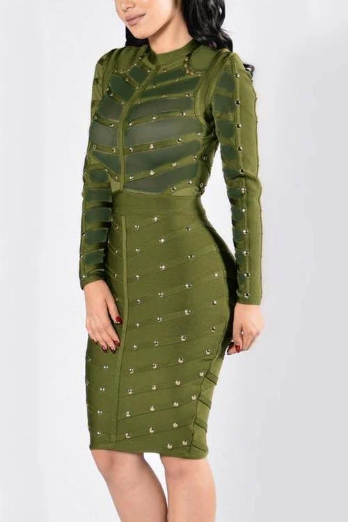 Wholesale Green Crew Neck Long Sleeve Midi Dress