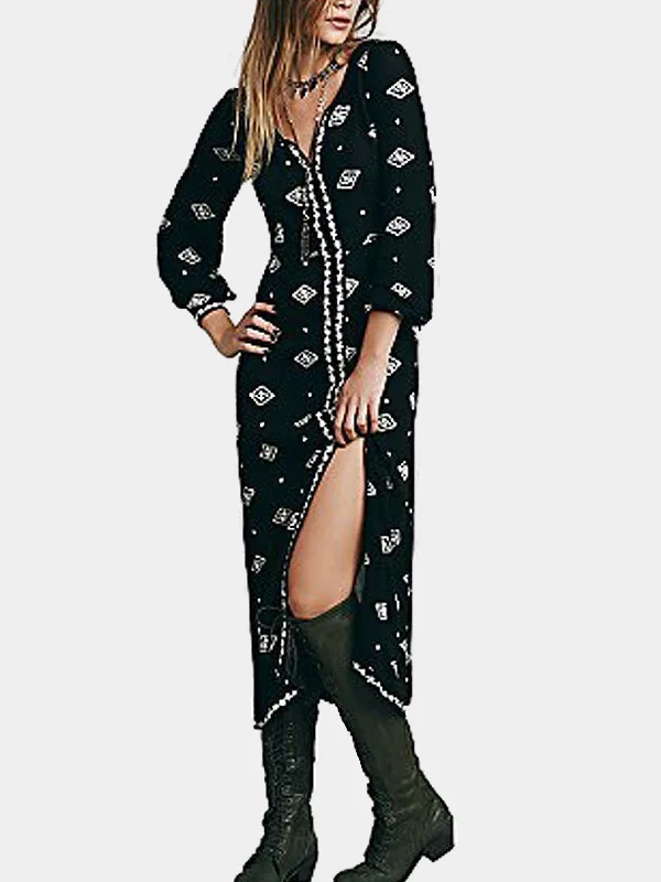 Wholesale V-Neck Embroidered Long Sleeve Slit Hem Black Midi Dress