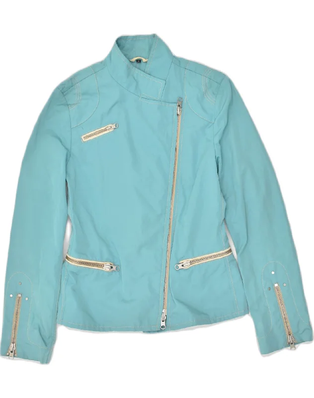 VINTAGE Womens Biker Jacket UK 10 Small Turquoise Polyamide