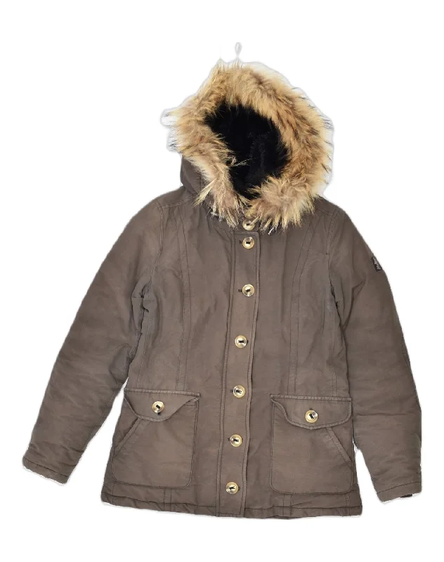 REFRIGUE Womens Hooded Parka Jacket UK 10 Small Brown Cotton