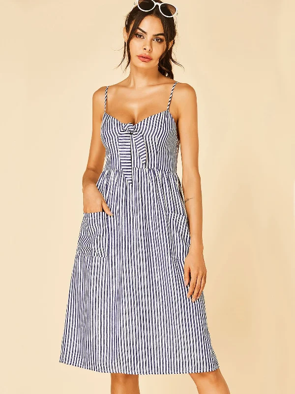 Wholesale Blue V-Neck Sleeveless Stripe Backless High-Waisted Midi Dresses