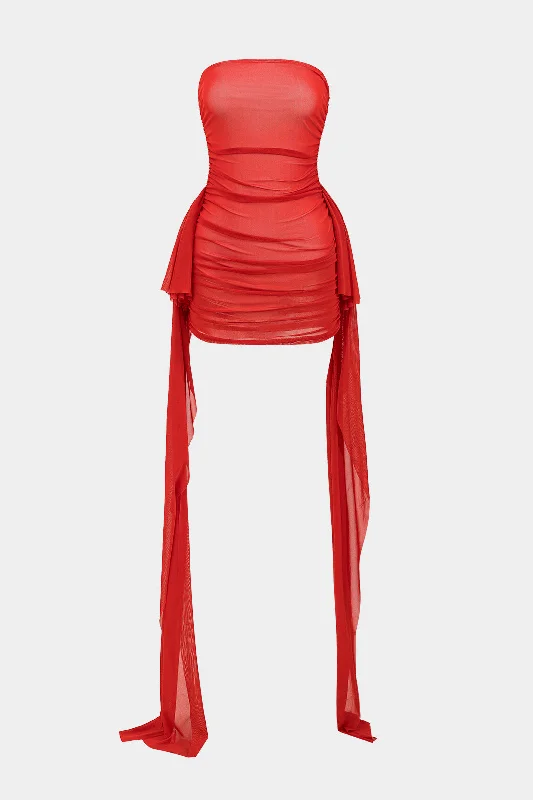 Mesh Ruched Strapless Mini Dress