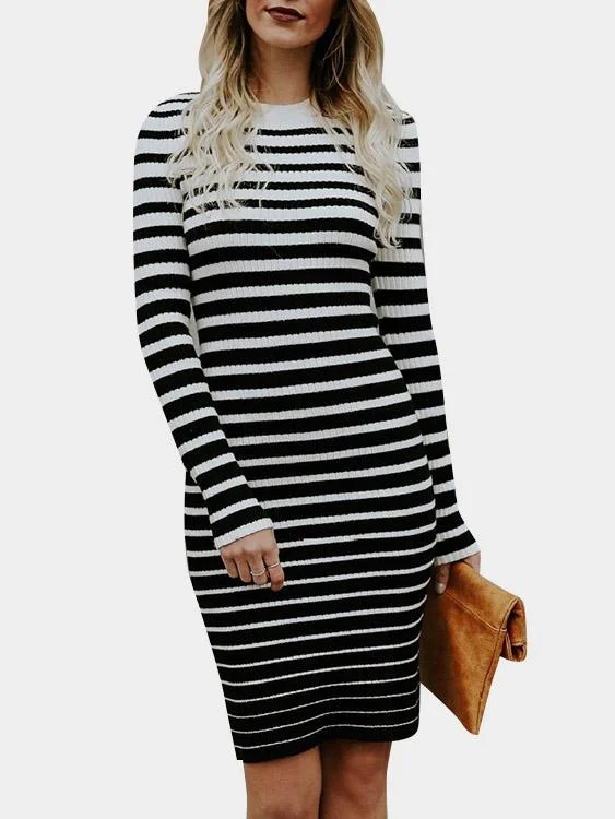 Wholesale White Long Sleeve Stripe Bodycon Hem Midi Dress