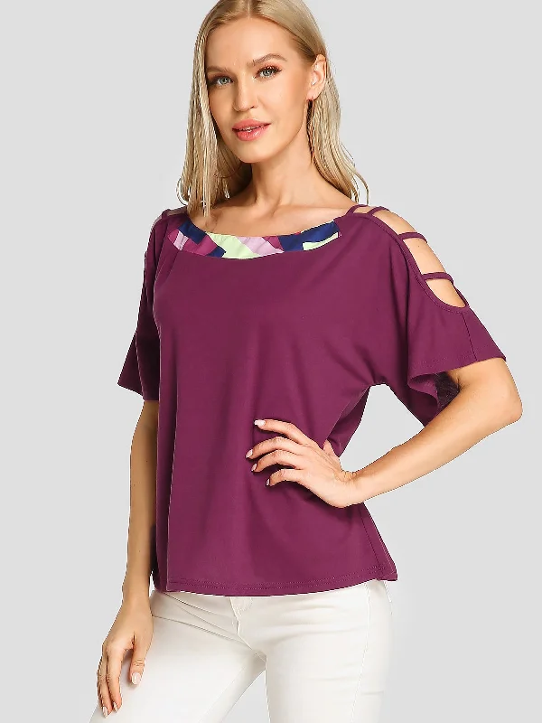 Wholesale Cold Shoulder Plain Short Sleeve Purple T-Shirts