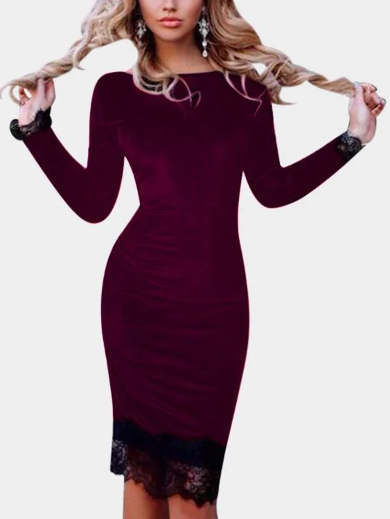 Wholesale Burgundy Bateau Long Sleeve Lace Stitching Hem Midi Dress