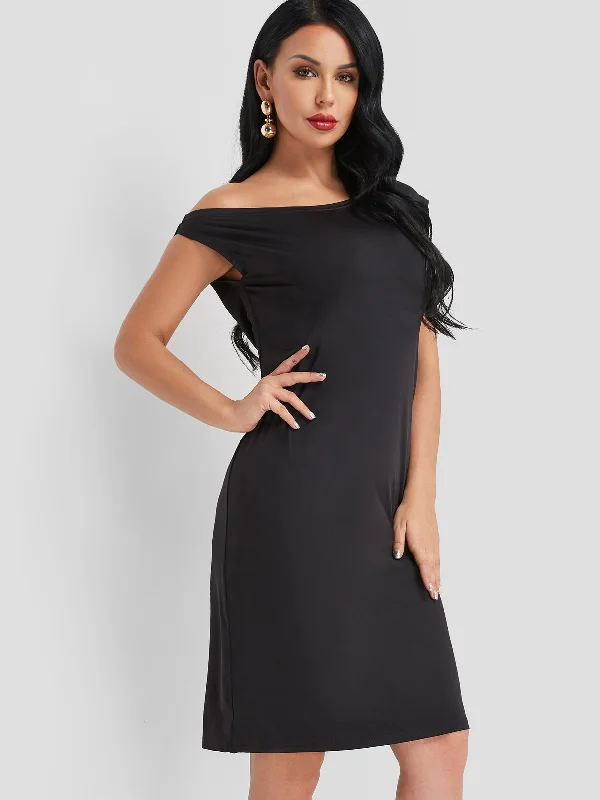 Wholesale Black One Shoulder Short Sleeve Plain Midi Dress