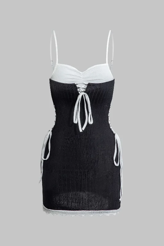 Contrast Drawstring Tie-Up Slip Mini Dress